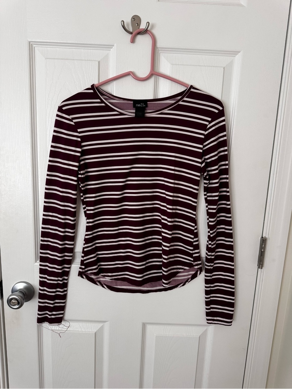 Rue21 - Women's Burgundy and White Striped Long Sleeve Top - S